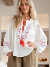 Load image into Gallery viewer, Retro Floral Embroidered, Linen Cotton Blouse ,Lace-up Boho Shirt
