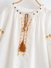 Load image into Gallery viewer, Geometry Embroidered ,Linen Cotton ,Lace-up Tassel Boho Shirt
