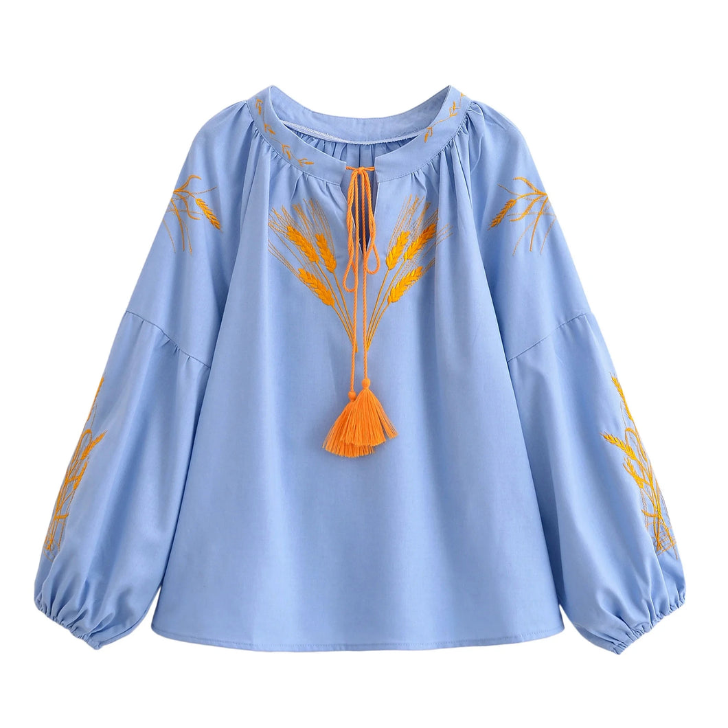 Wheat Embroidered, Linen Cotton Blouse,Lace-up Tassel Loose Boho Shirt