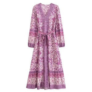 Floral Print ,Breasted Bohemian Maxi Dress, Boho Dress Robe