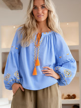 Load image into Gallery viewer, Lantern Sleeve , Floral Embroidered Linen Cotton Blouse,Loose Boho Shirt
