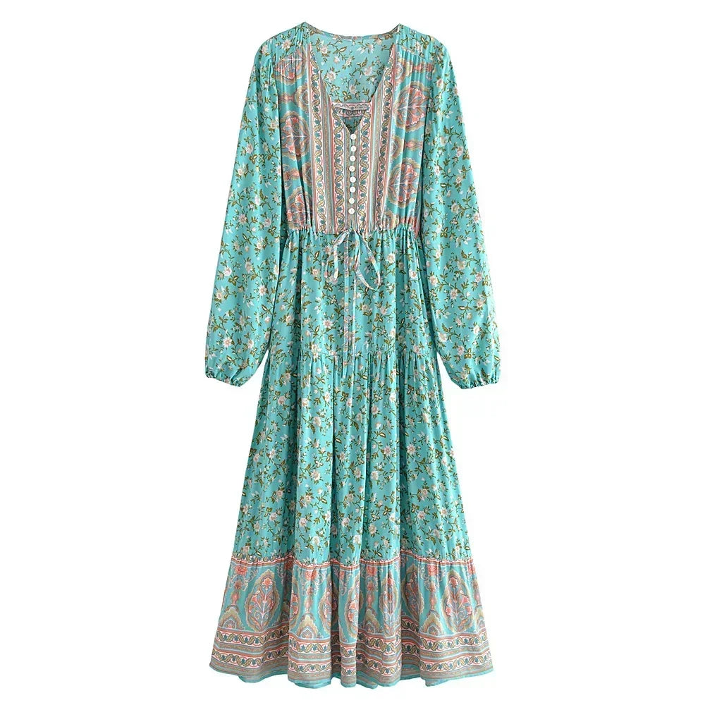 Bohemian Maxi Dresses ,Green Floral ,Summer Boho Dress