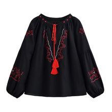 Load image into Gallery viewer, Retro Floral Embroidered, Linen Cotton Blouse ,Lace-up Boho Shirt
