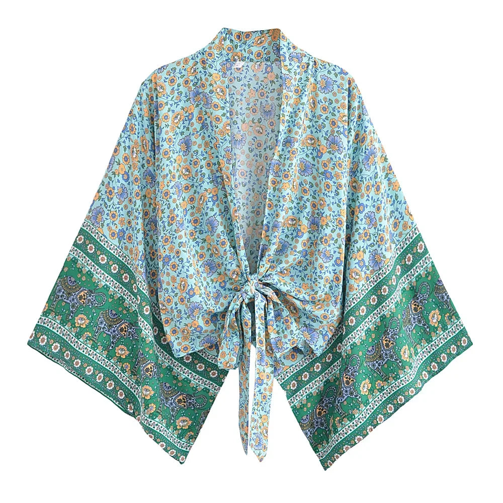 Bohemian Kimono, Boho Bikini Cover-ups,Green Floral Print