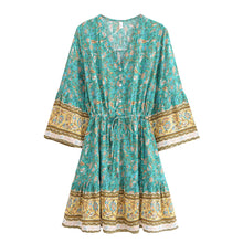 Load image into Gallery viewer, Green Floral Print ,Bohemian Mini Dress,Boho Dress
