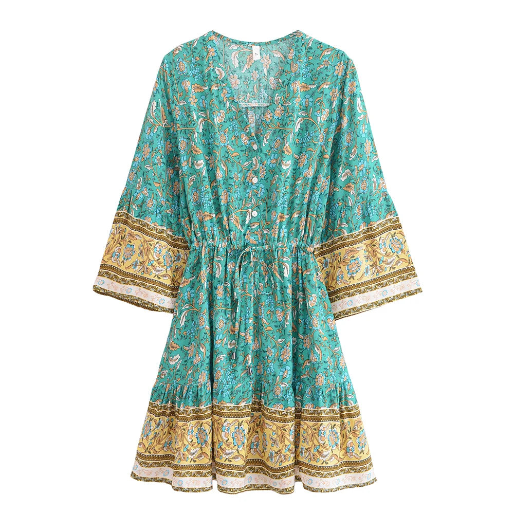 Green Floral Print ,Bohemian Mini Dress,Boho Dress