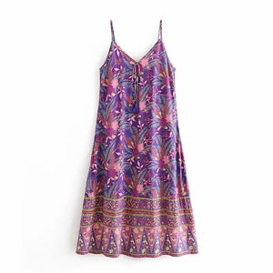 Purple Floral Print,Bohemian Strap Dress,Boho Midi Dress