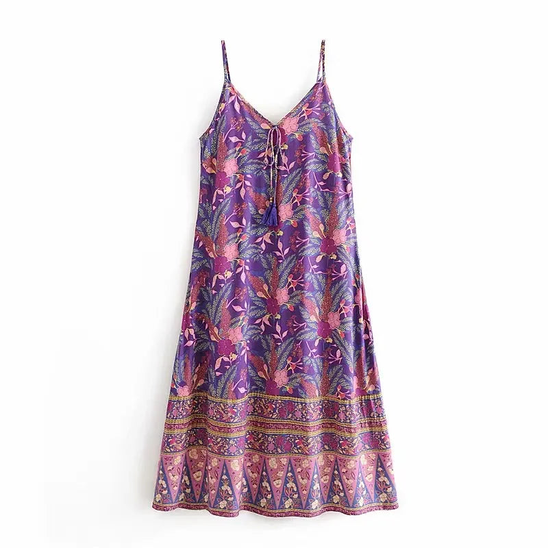 Purple Floral Print,Bohemian Strap Dress,Boho Midi Dress