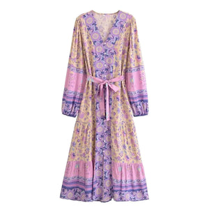 Floral Print ,Breasted Bohemian Maxi Dress, Boho Dress Robe