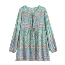 Load image into Gallery viewer, Green Floral Print ,Bohemian Mini Dress,Boho Dress

