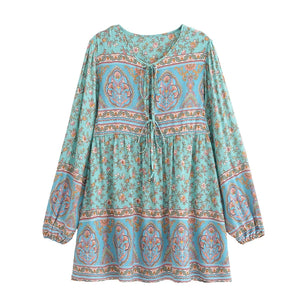 Green Floral Print ,Bohemian Mini Dress,Boho Dress