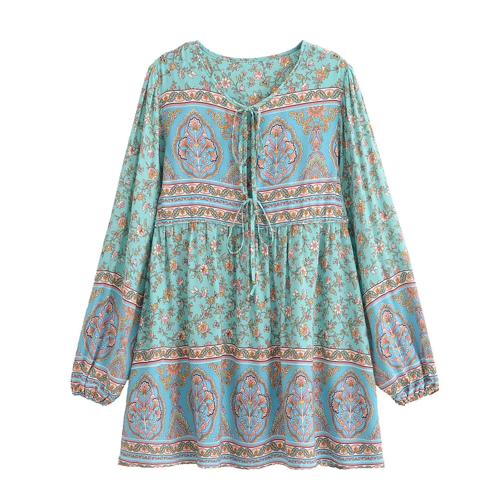 Green Floral Print ,Bohemian Mini Dress,Boho Dress