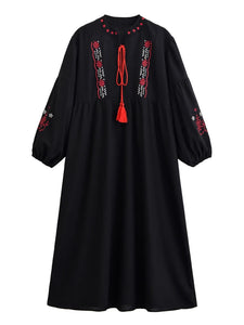Retro Floral Emberoidery ,Lantern Sleeve Maxi Dress, Boho Dress