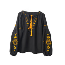 Load image into Gallery viewer, Star Moon Embroidery, Linen Cotton Blouse,Lace-up Tassel Boho Shirts
