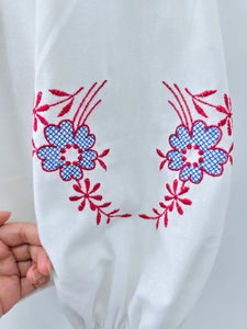 Retro Floral Embroidered ,Linen Cotton Blouse ,Lace-up Tassel Boho Shirts