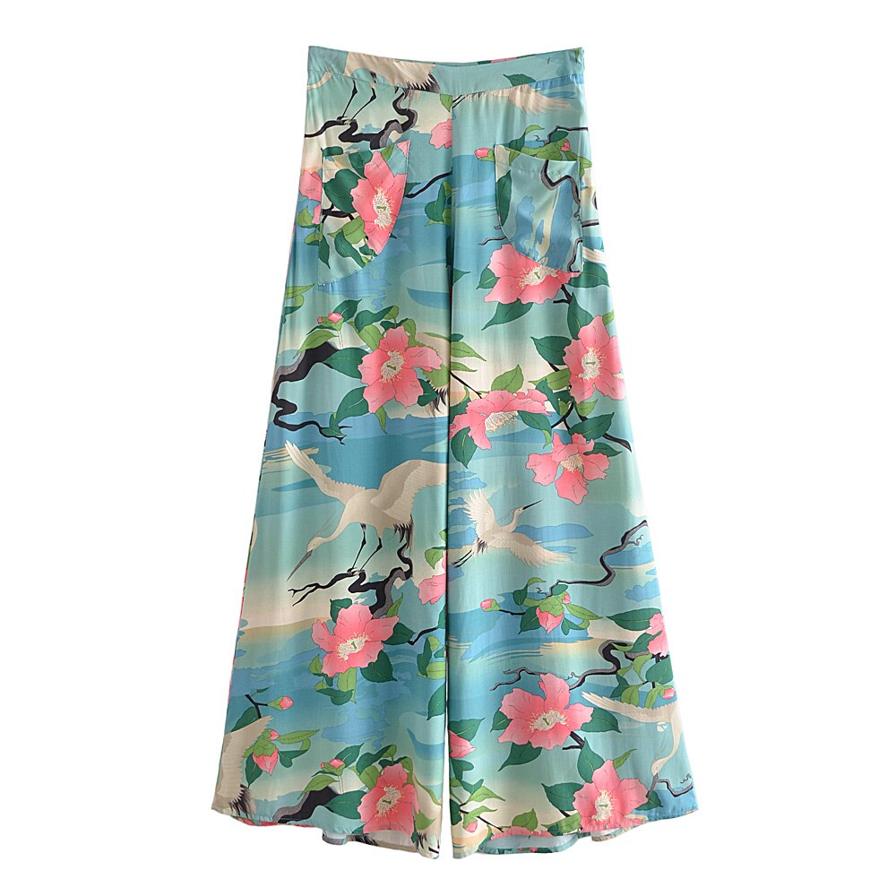 Green Crane Wide Leg Pant,Loose Boho Pants