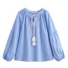 Load image into Gallery viewer, Retro Floral Embroidered, Linen Cotton Blouse ,Lace-up Boho Shirt
