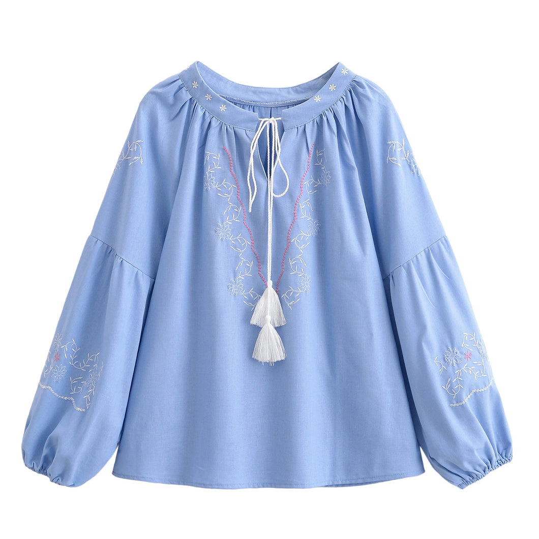 Retro Floral Embroidered, Linen Cotton Blouse ,Lace-up Boho Shirt