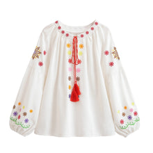 Load image into Gallery viewer, Bohemian Floral Embroidered, Linen Cotton Blouse,Lace-up Tassel Boho Shirt
