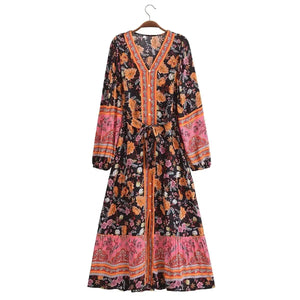 Floral Print ,Breasted Bohemian Maxi Dress, Boho Dress Robe