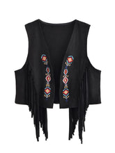 Load image into Gallery viewer, Women’s Faux Suede Fringe Vest - Bohemian Floral Embroidery Cowgirl Jacket with Rivets
