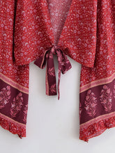 Load image into Gallery viewer, Floral Print Rayon Kimono Top - Ruffle Sleeve Tie Front Crop Top
