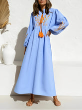 Load image into Gallery viewer, Retro Linen Cotton,Wheat Emberoidery, Lantern Sleeve Boho Maxi Dress

