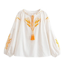 Load image into Gallery viewer, Wheat Embroidered, Linen Cotton Blouse,Lace-up Tassel Loose Boho Shirt

