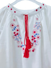 Load image into Gallery viewer, Retro Floral Embroidered ,Linen Cotton Blouse ,Lace-up Tassel Boho Shirts
