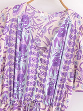 Load image into Gallery viewer, Purple Floral Print ,Button V-neck ,Boho Dress
