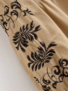 Retro Floral Emberoidery, Linen Cotton Vacation, Boho Maxi Dress