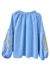 Load image into Gallery viewer, Star Moon Embroidery, Linen Cotton Blouse,Lace-up Tassel Boho Shirts
