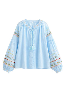 Floral Embroidery, Linen Cotton  Shirts ,Boho Blusas