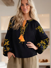 Load image into Gallery viewer, Bird Floral Embroidered ,Linen Cotton Blouse ,Lace-up Tassel Boho Shirt
