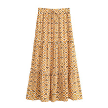 Load image into Gallery viewer, Olive Geometric Tiered Boho Maxi Skirt - Elastic Long Skirt
