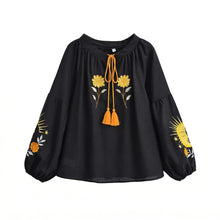 Load image into Gallery viewer, Sun and Floral Embroidery Linen Cotton Shirts  Boho Blusas

