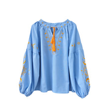 Load image into Gallery viewer, Star Moon Embroidery, Linen Cotton Blouse,Lace-up Tassel Boho Shirts
