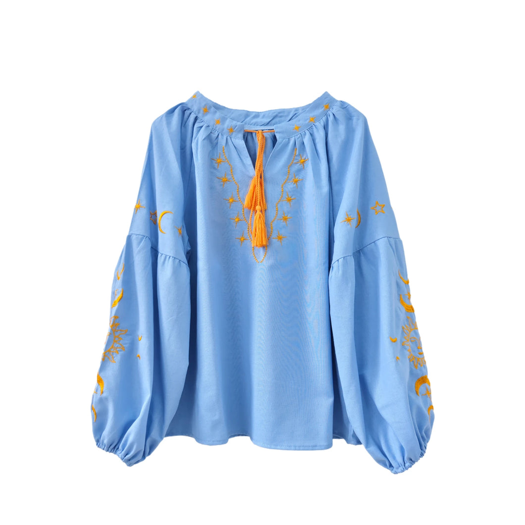 Star Moon Embroidery, Linen Cotton Blouse,Lace-up Tassel Boho Shirts