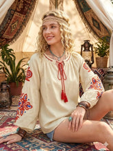Load image into Gallery viewer, Vintage Floral Embroidered Cotton Linen Blouse - Boho Tassel Tie Neck Puff Sleeve Top

