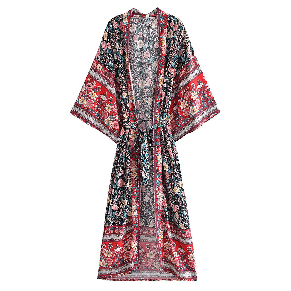 Black Floral Print ,Bohemian Kimono Beach ,Boho Cover-ups