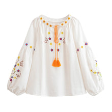 Load image into Gallery viewer, Bohemian Floral Embroidered, Linen Cotton Blouse,Lace-up Tassel Boho Shirt
