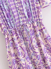 Load image into Gallery viewer, Purple Floral Print ,Button V-neck ,Boho Dress
