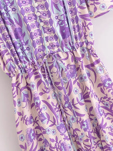 Purple Floral Print ,Button V-neck ,Boho Dress