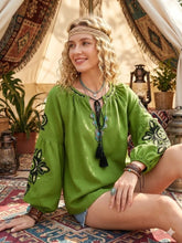 Load image into Gallery viewer, Vintage Floral Embroidered Cotton Linen Blouse - Boho Tassel Tie Neck Puff Sleeve Top

