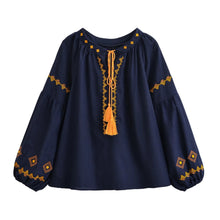 Load image into Gallery viewer, Geometry Embroidered ,Linen Cotton ,Lace-up Tassel Boho Shirt
