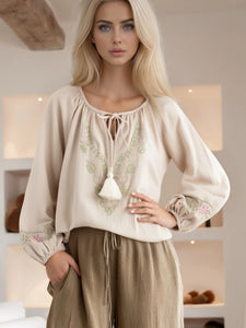 Golden Floral Embroidery ,Linen Cotton Blouse,Loose Boho Shirts