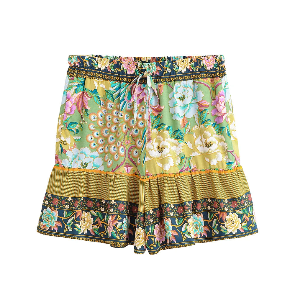 Peacock Floral ,Bohemian Short with Pockets ,Boho Shorts