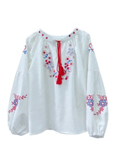 Load image into Gallery viewer, Retro Floral Embroidered ,Linen Cotton Blouse ,Lace-up Tassel Boho Shirts
