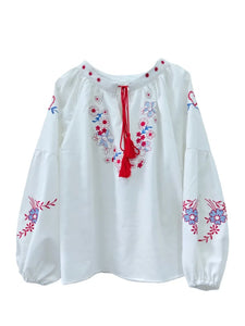 Retro Floral Embroidered ,Linen Cotton Blouse ,Lace-up Tassel Boho Shirts