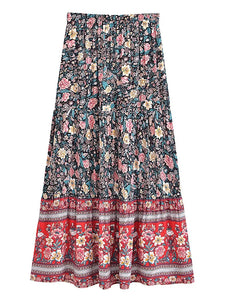 Black Floral Printed,Bohemian Pleated Maxi Skirts
